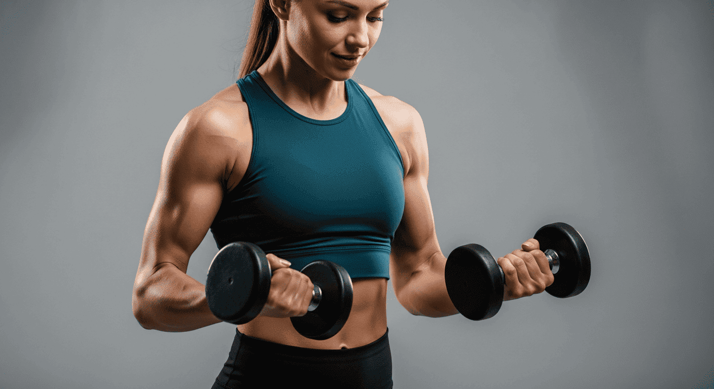 Девушка качает руки с помощью гантелей